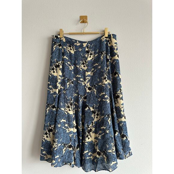 Jones New York 100% Silk Floral Midi Skirt Blue Cream A-Line Bias Cut Size 12 - Picture 2 of 7